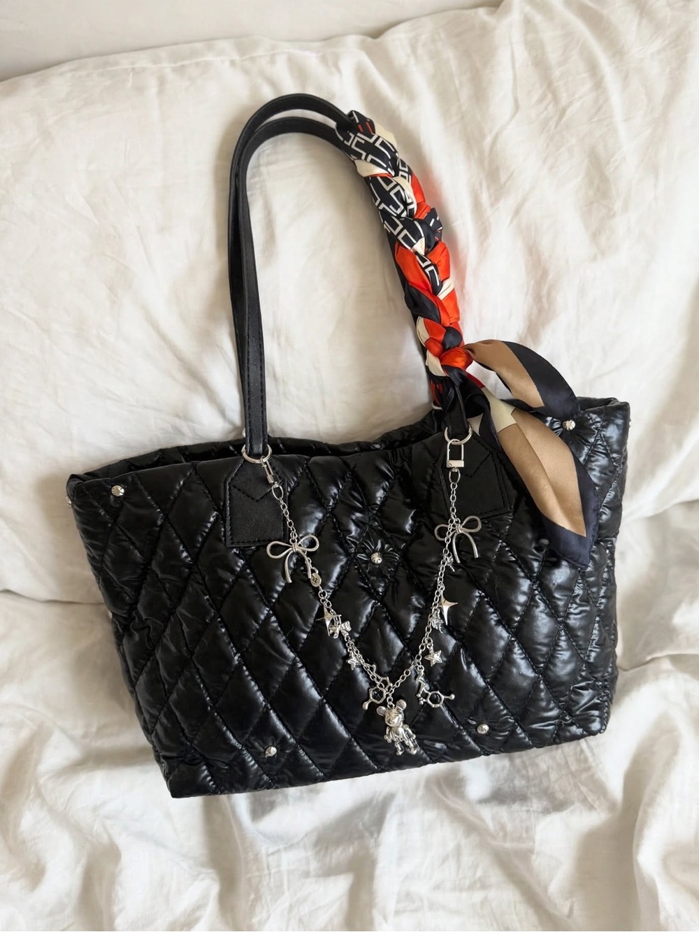 Black Quilted Tote with Scarf Accent and Charm Chain